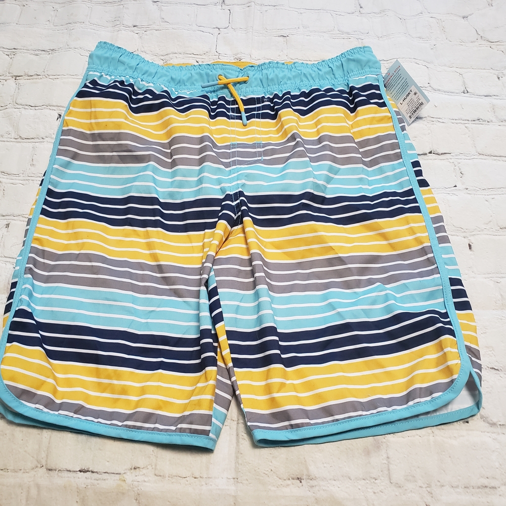 Cat & Jack Vibrant Striped Kids Boy Board Shorts - Blue, Yellow, Gray